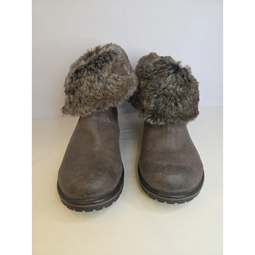 Candie's Cahoot Gray Boots Brown Faux Rabbit Fur Lined Fold Down Cuff Snaps 9.5